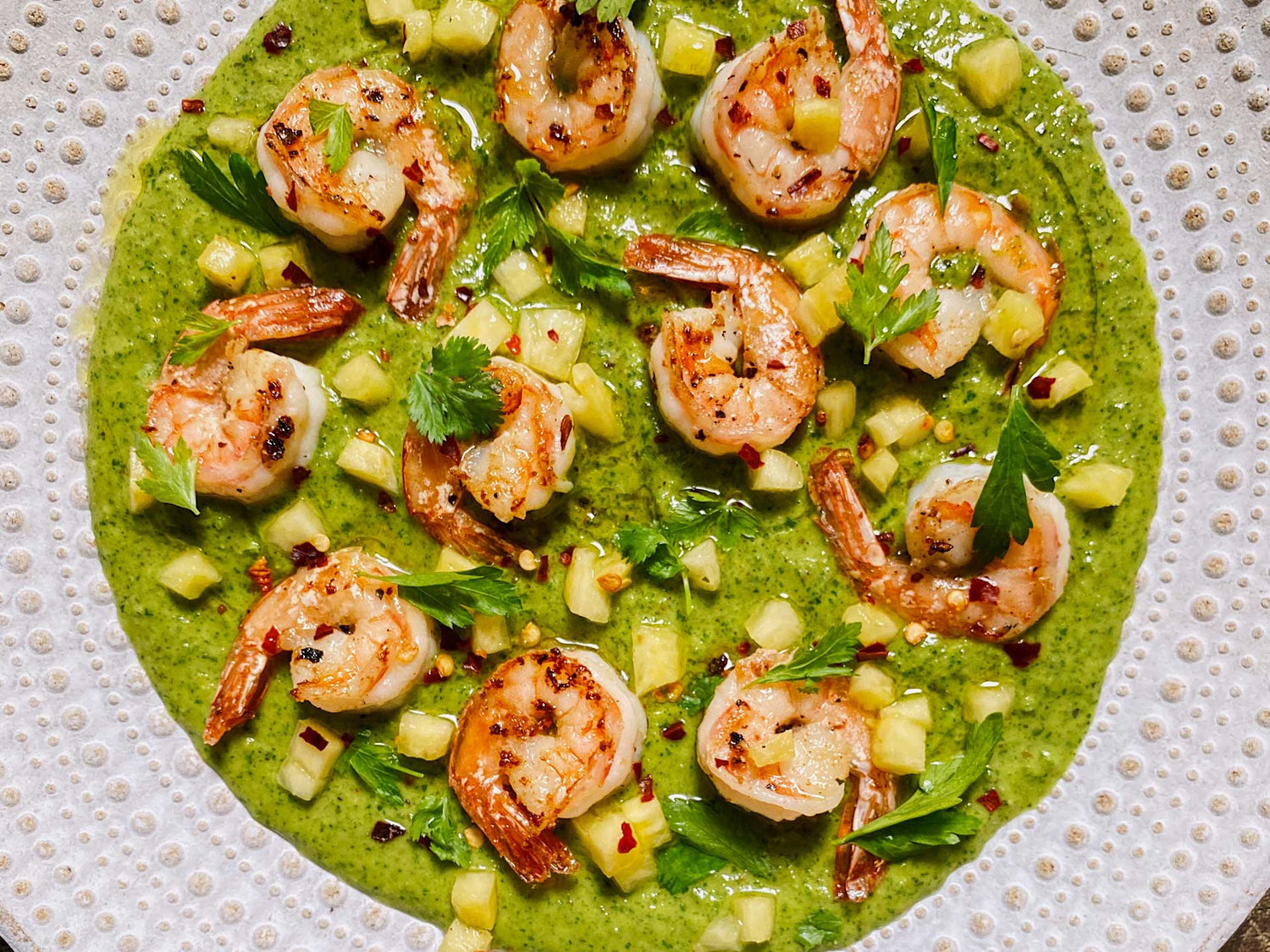 Shrimp and chimichurri with pineapple and relish
